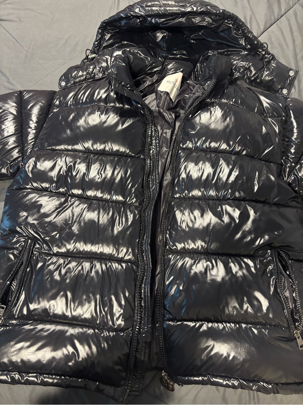 Moncler Black Shiny Quilted Jacket with Blue and Red Trim
